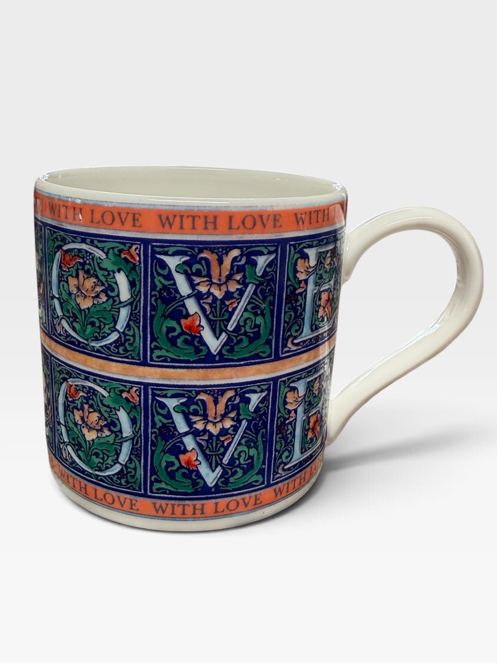 Wedgwood 'With Love' Patterned Bone China Mug in Blue/Green/Peach EUC